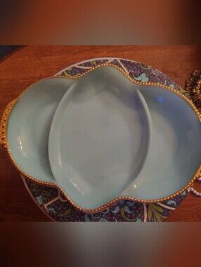Exquisite Fire-King Delphite Blue divided relish dish by Anchor Hocking Gold Rim